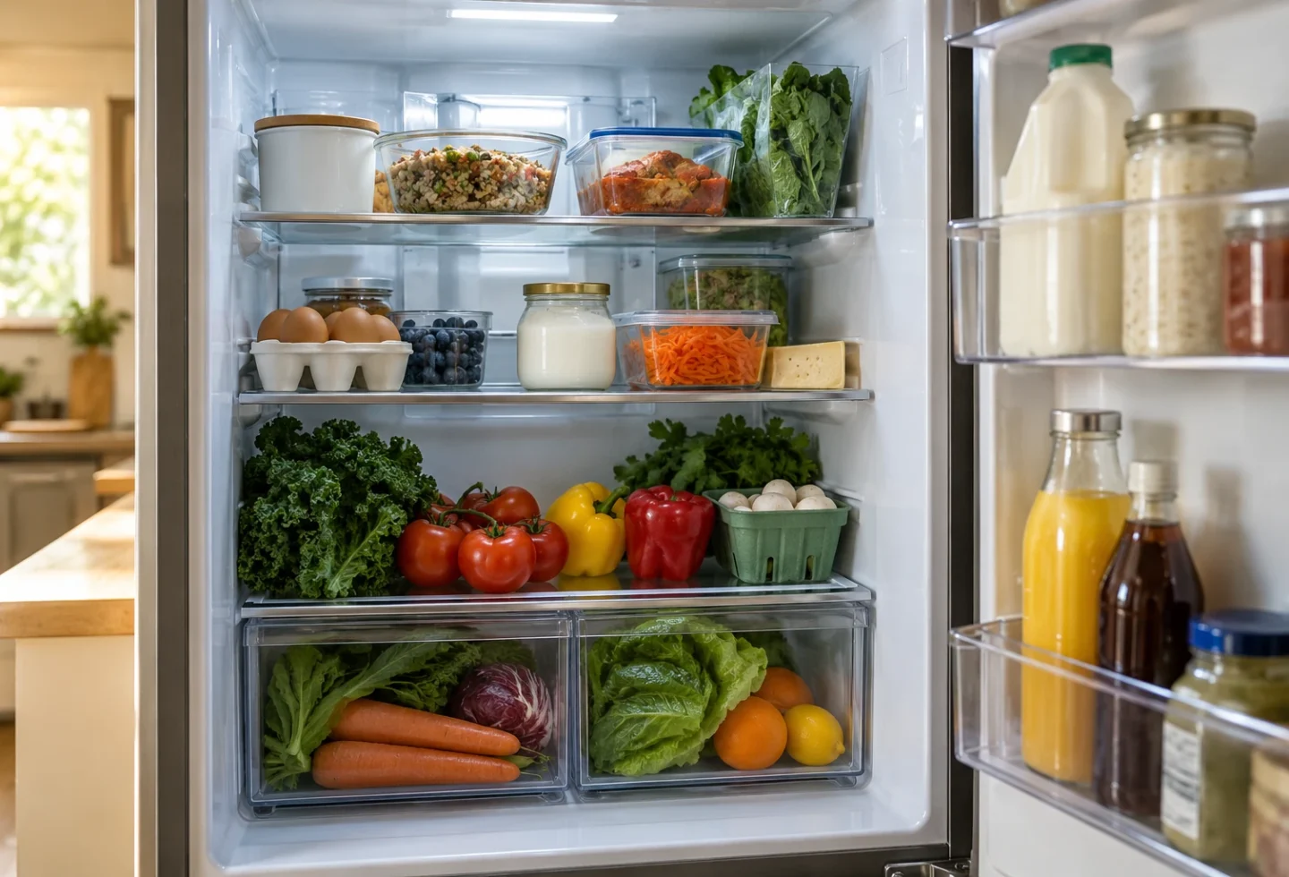 Open home refrigerator with covered food on shelves and produce in built-in drawers