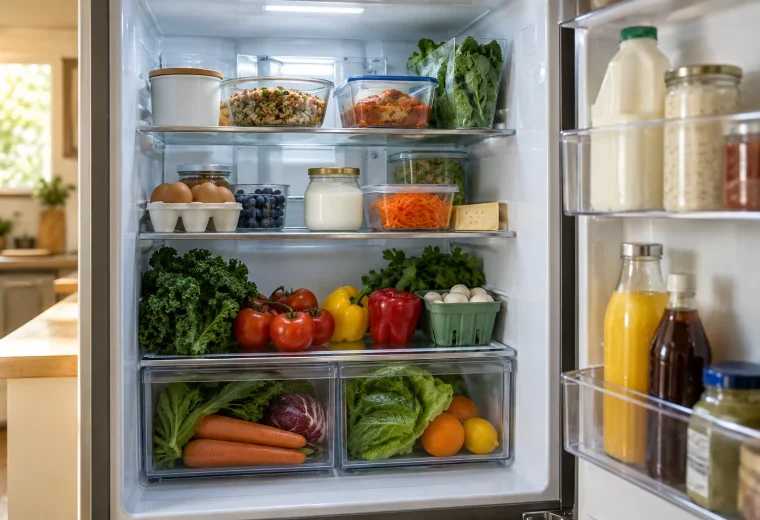 Open home refrigerator with covered food on shelves and produce in built-in drawers