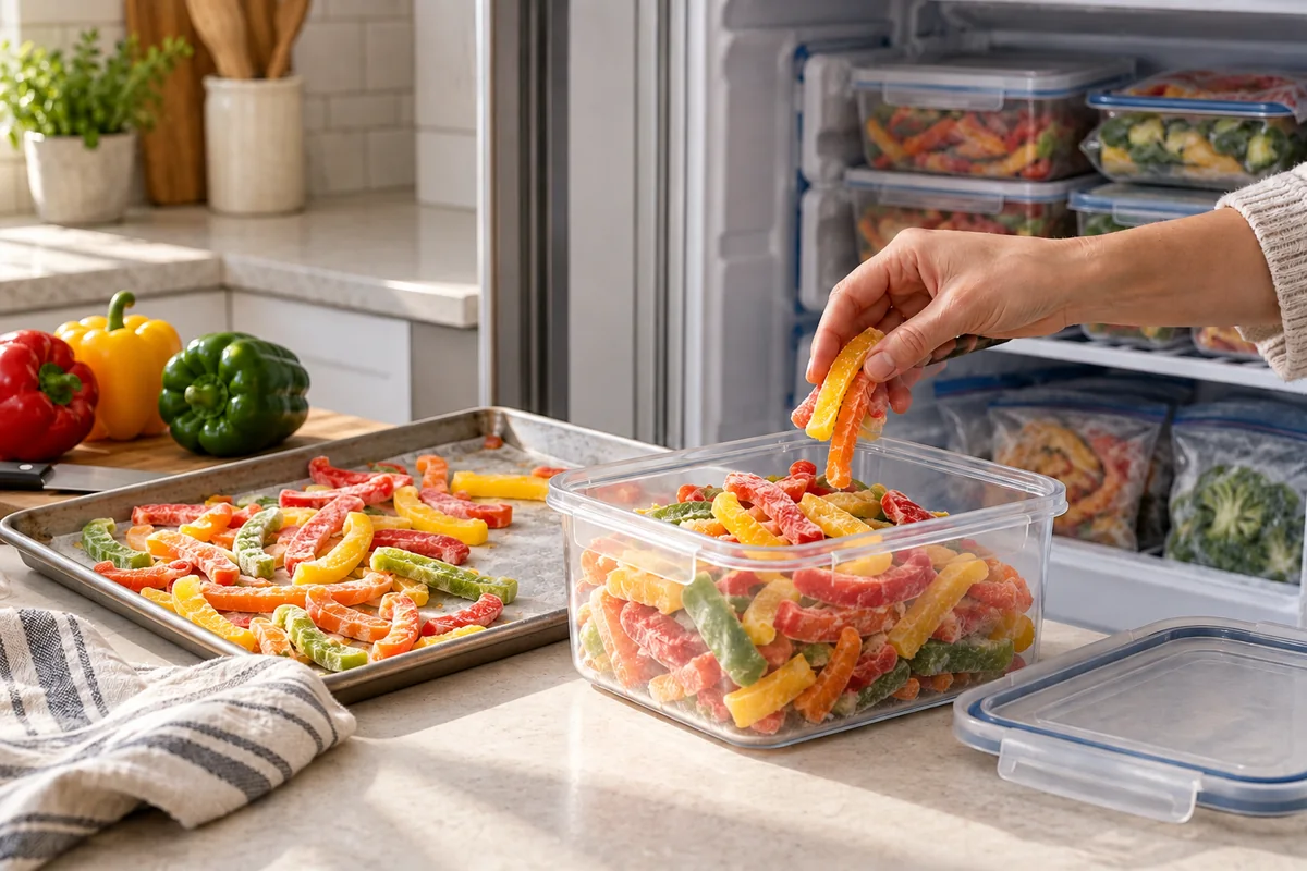 Frozen bell pepper strips moved from a tray resting on the countertop into a freezer-safe container