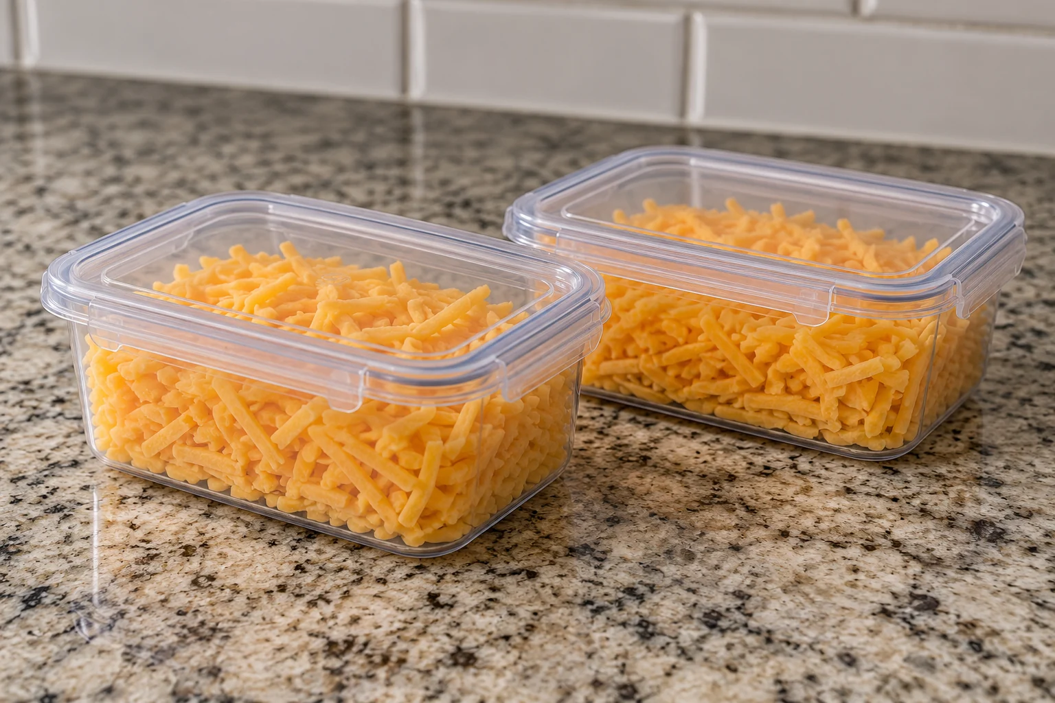 Two closed reusable food containers holding separate modest portions of grated cheese on a sturdy kitchen counter