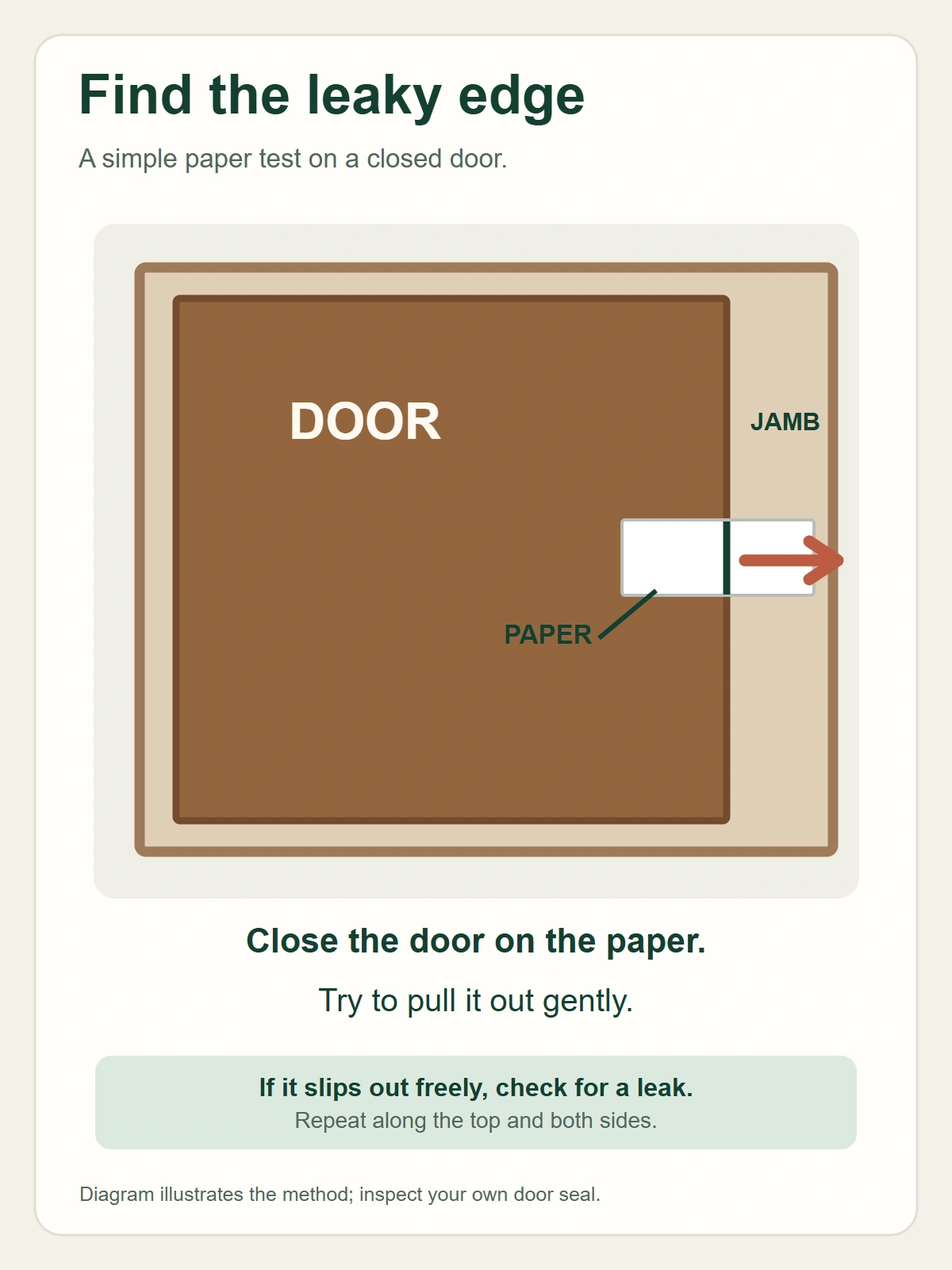 Diagram showing paper held between a closed exterior door and its jamb for a gentle pull test