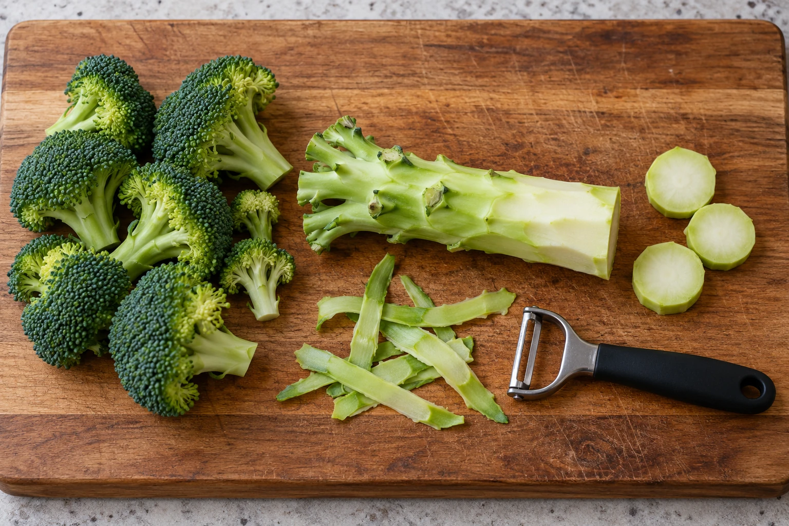 Broccoli florets, one partly peeled stem, peel strips and stem slices resting on a supported cutting board beside a peeler