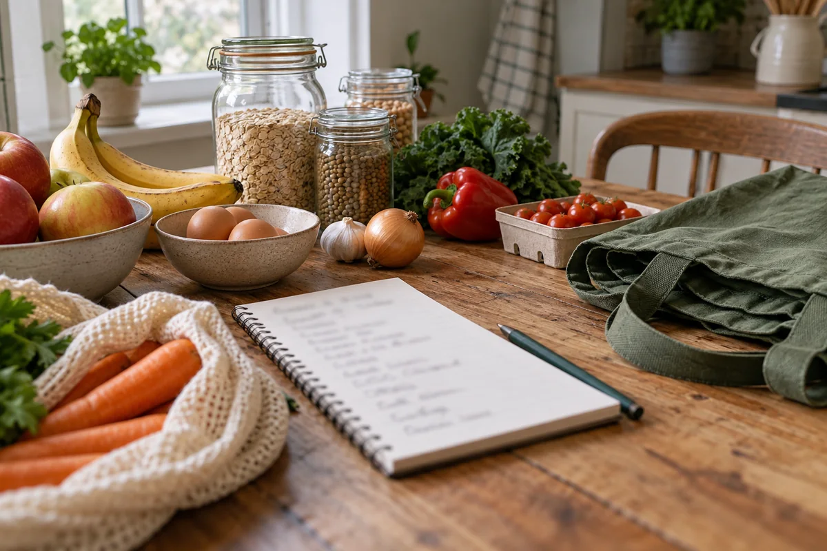 Grocery list, food already at home, and a folded reusable shopping tote on a table