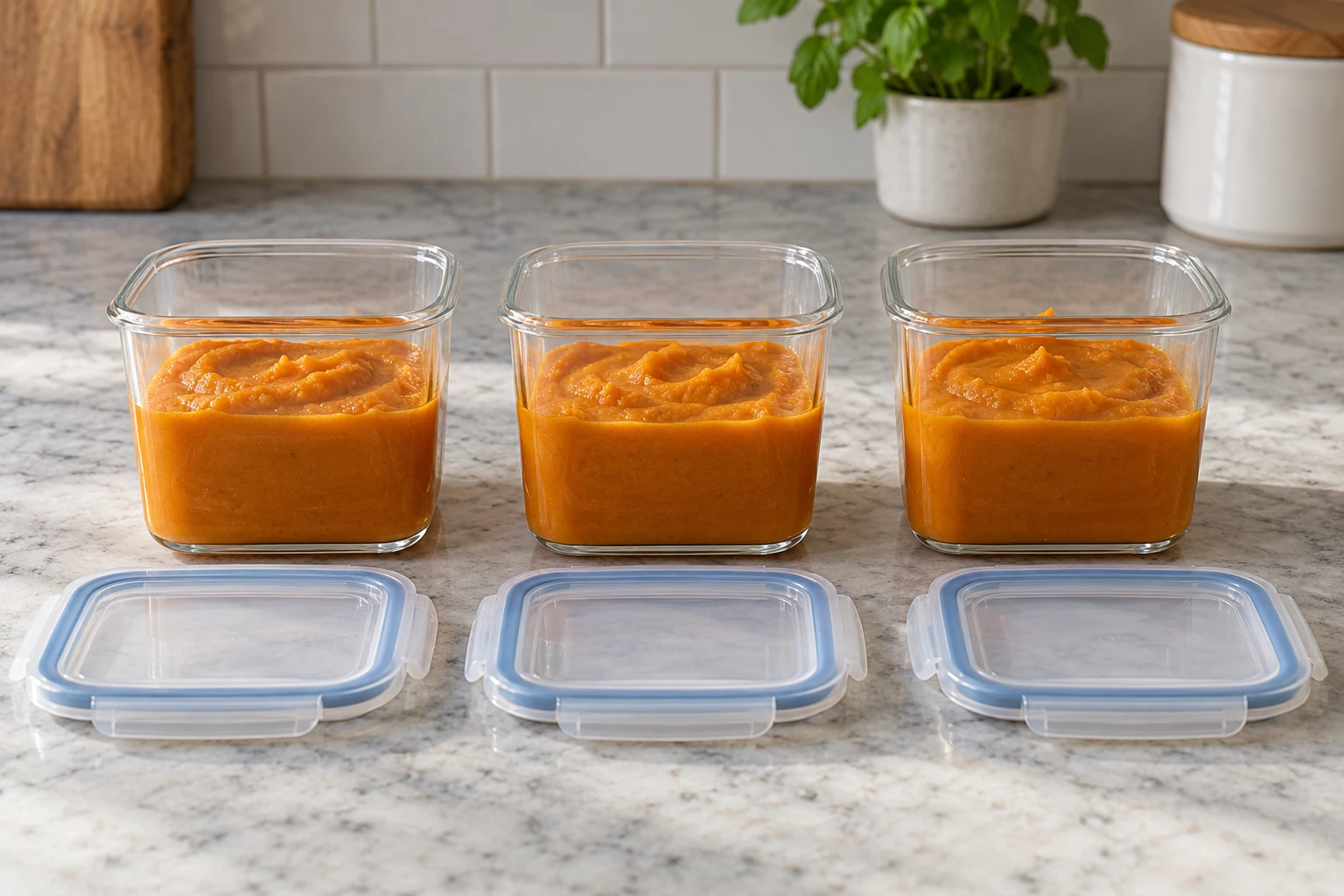 Small rigid containers of cooled pumpkin purée on a stable counter with room below their rims