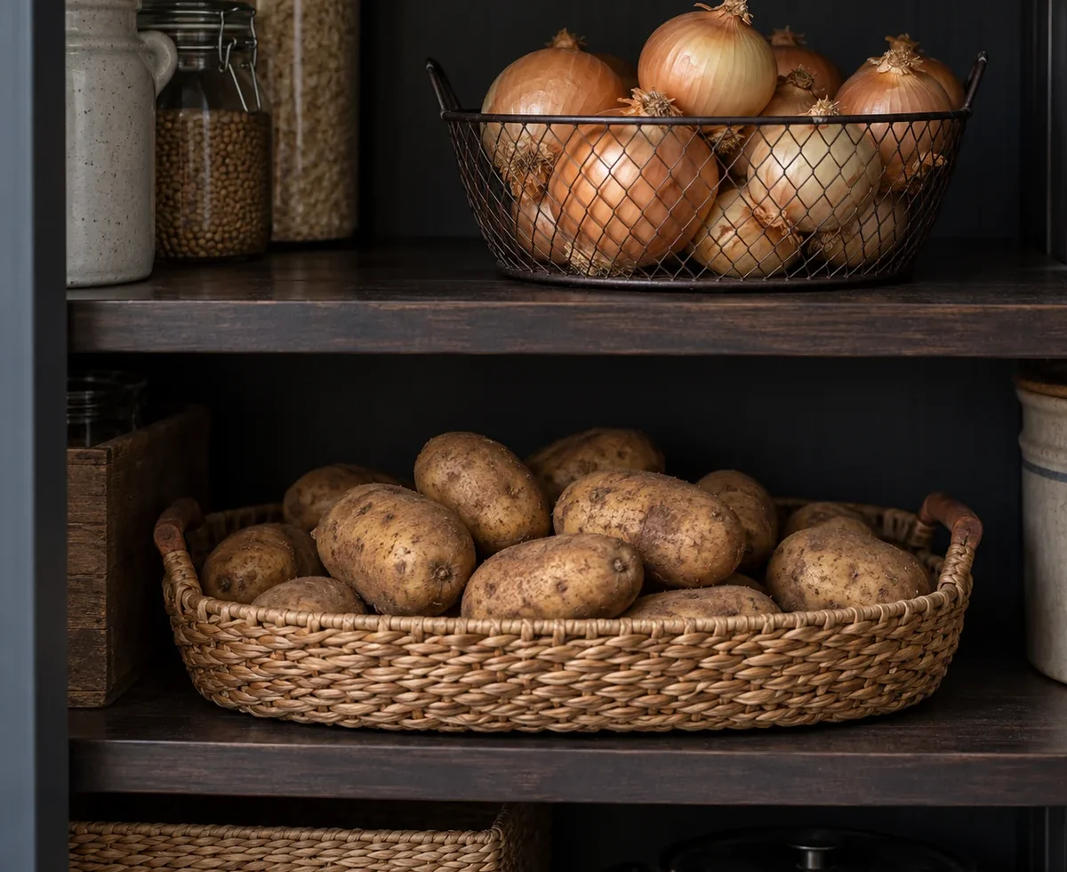 Whole potatoes and dry onions stored in separate ventilated baskets on pantry shelves