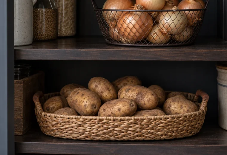 Whole potatoes and dry onions stored in separate ventilated baskets on pantry shelves