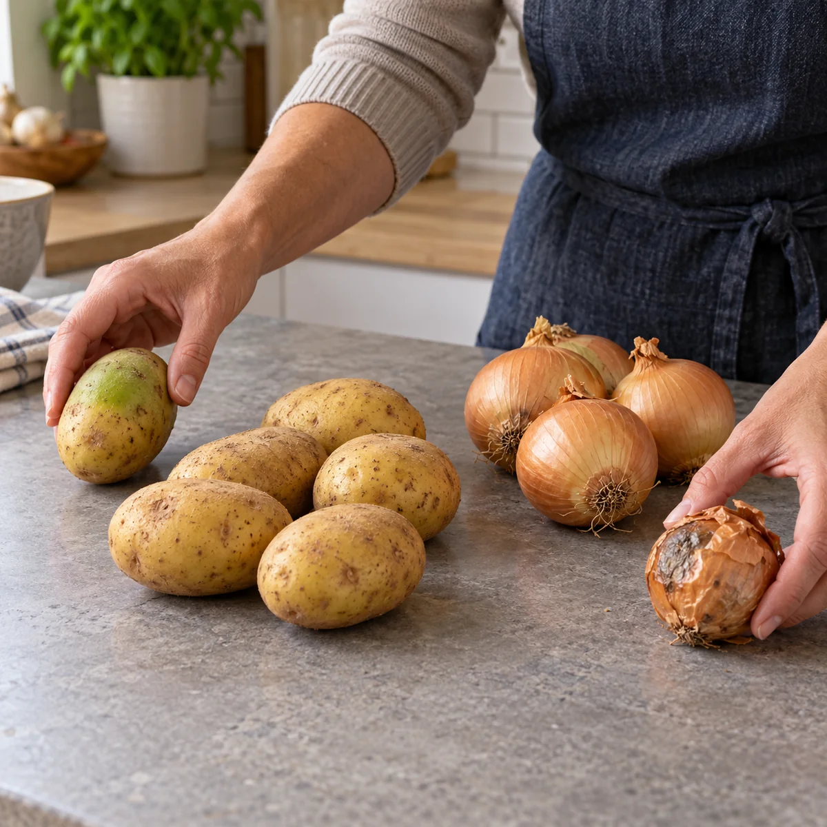 Potatoes and onions being inspected with questionable items set aside