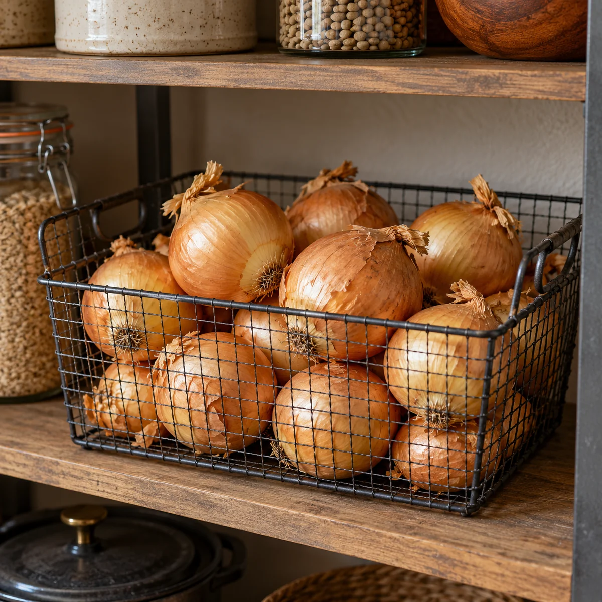 Whole mature dry onions in a ventilated basket on a separate pantry shelf