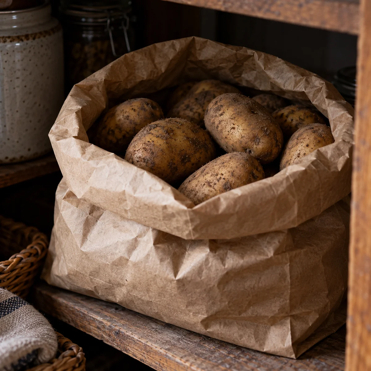 Whole potatoes stored in a breathable container on a dark pantry shelf