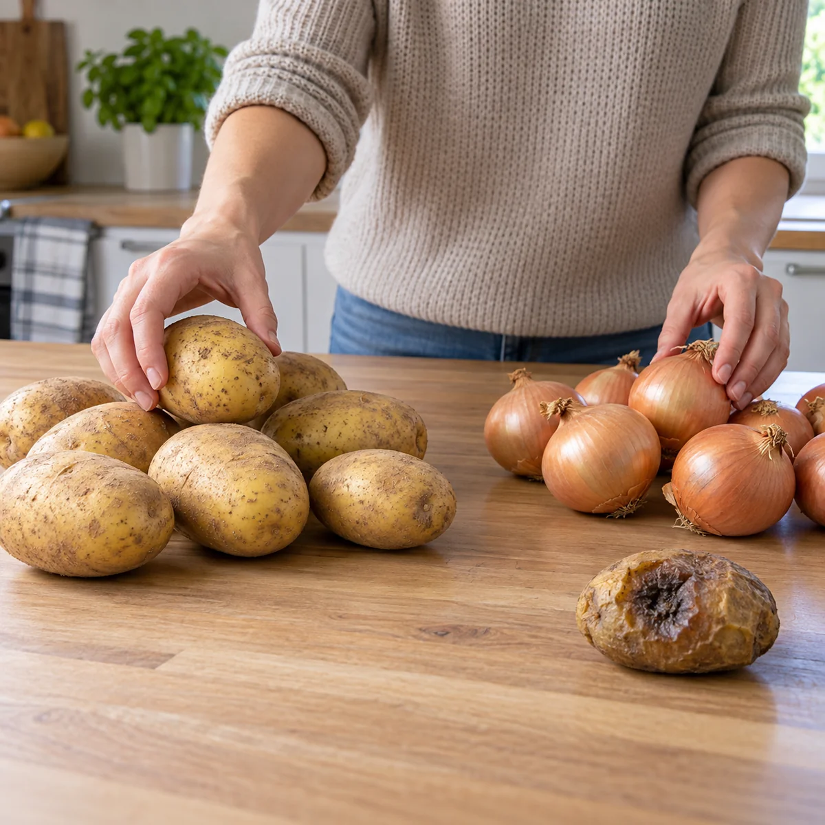 Whole potatoes and dry onions being sorted into separate groups