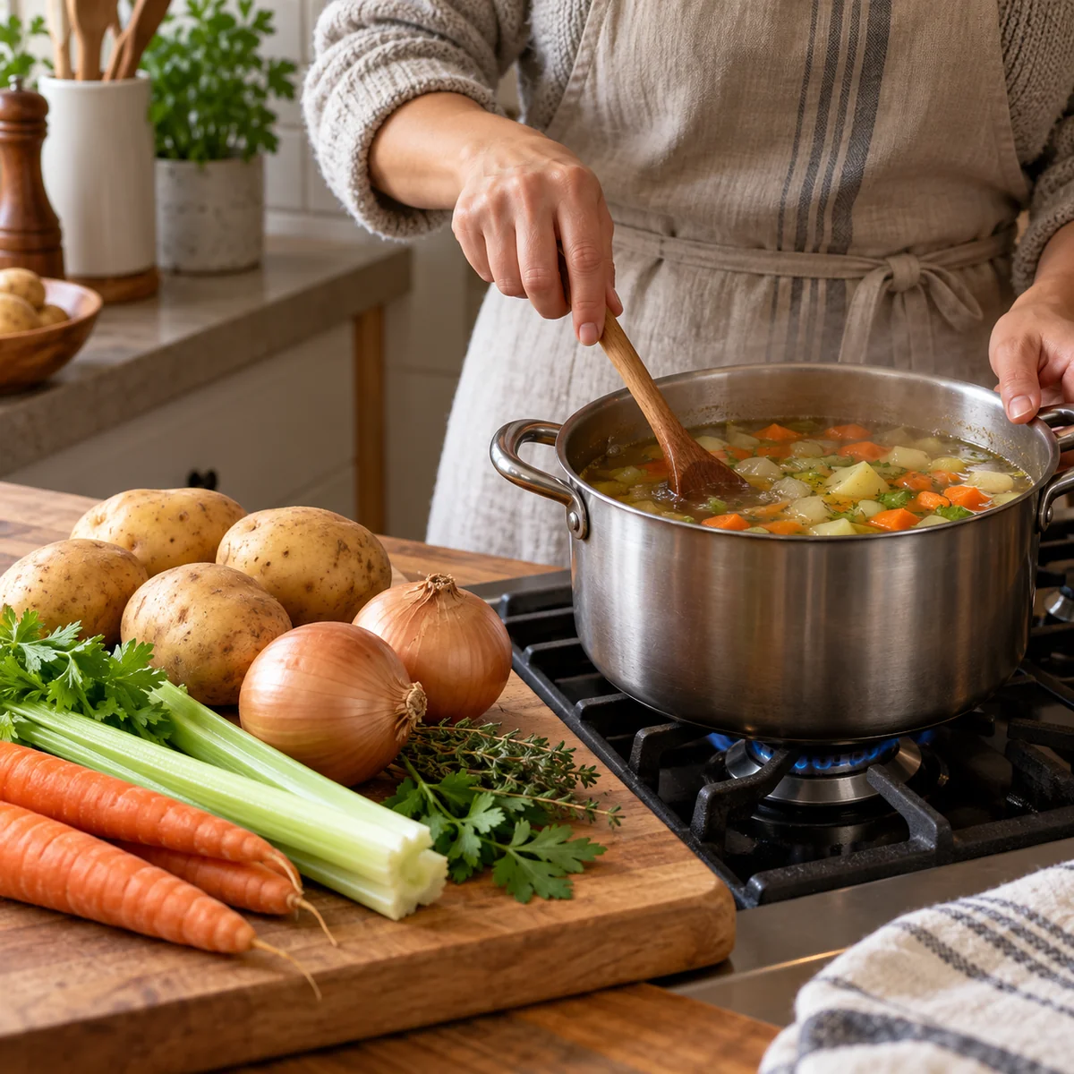 Sound potatoes and onions prepared for a simple vegetable soup