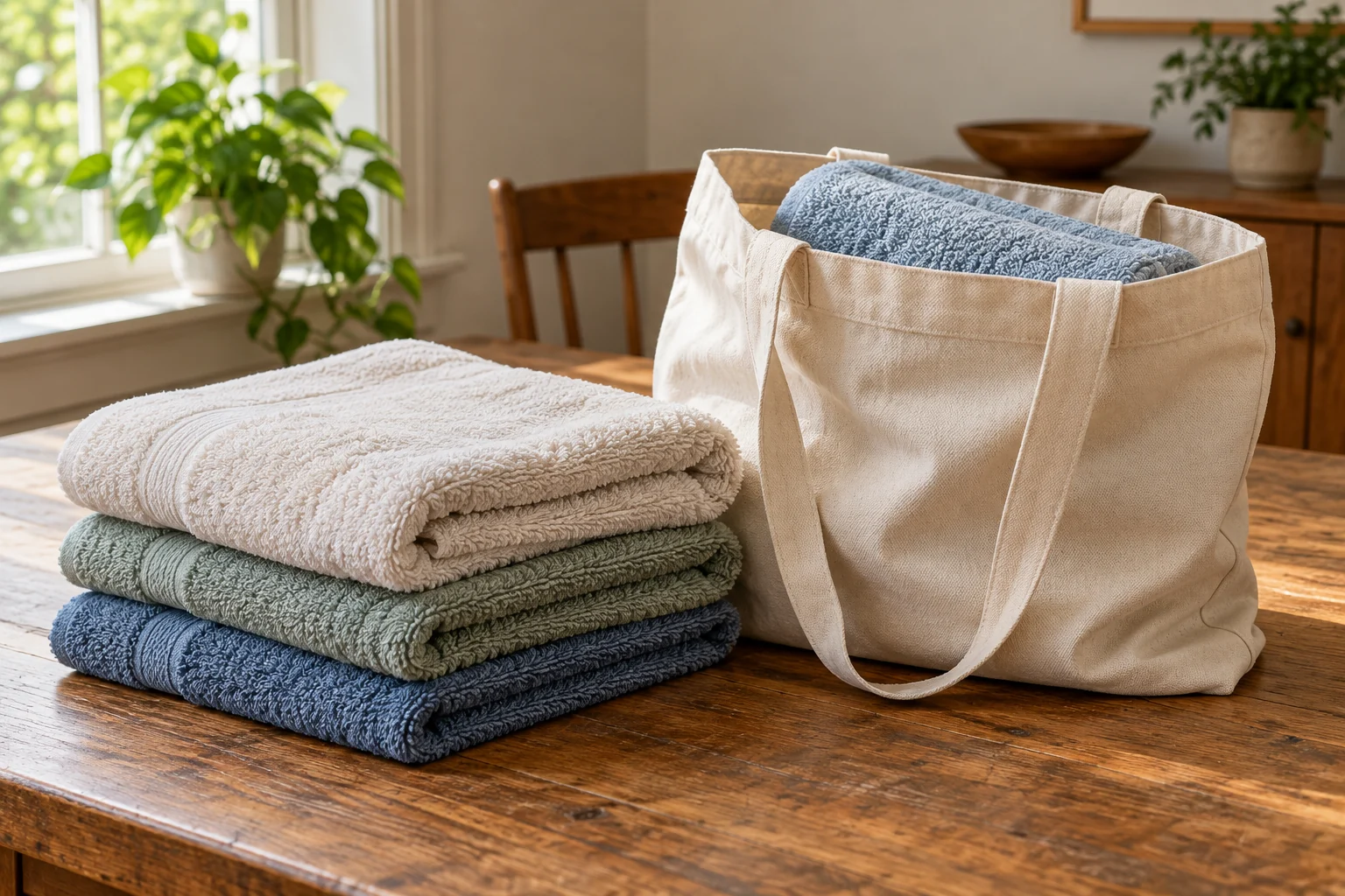 Clean dry folded cotton towels beside and inside a reusable tote resting on a sturdy table