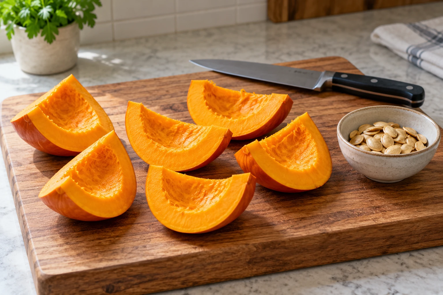 Washed pie pumpkin cut into cooking-size sections with seeds removed on a stable cutting board
