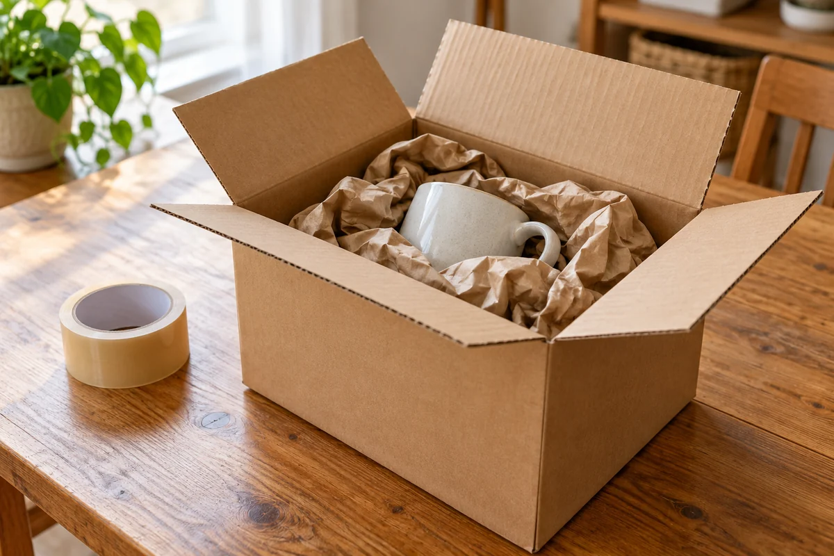 Plain reused corrugated box resting on a table with a ceramic mug cushioned by brown packing paper inside