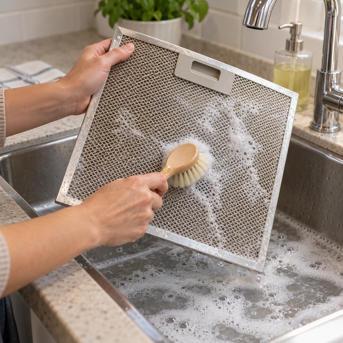 Metal hood grease filter gently brushed over a kitchen sink