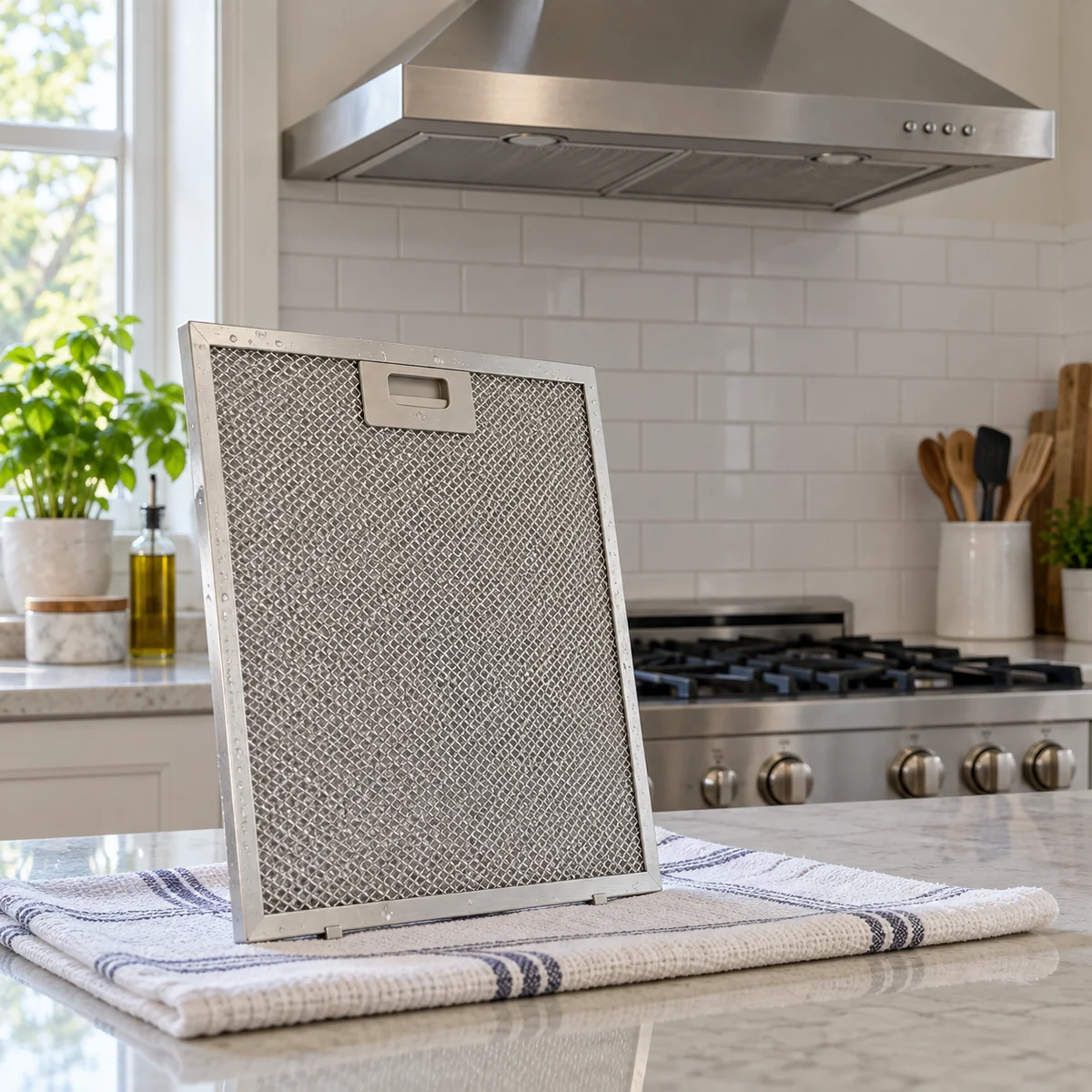 Clean metal range hood grease filter drying upright on a reusable towel