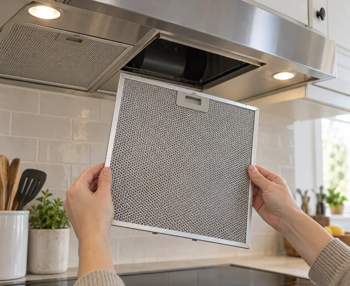 Metal mesh grease filter being held below a switched-off range hood