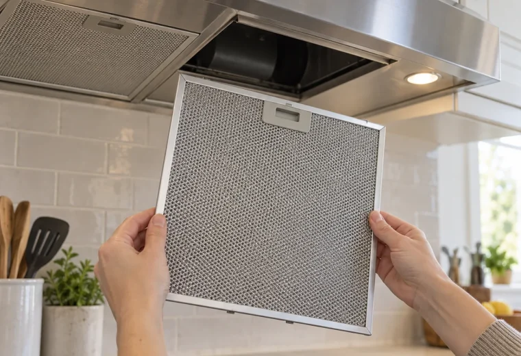 Metal mesh grease filter being held below a switched-off range hood
