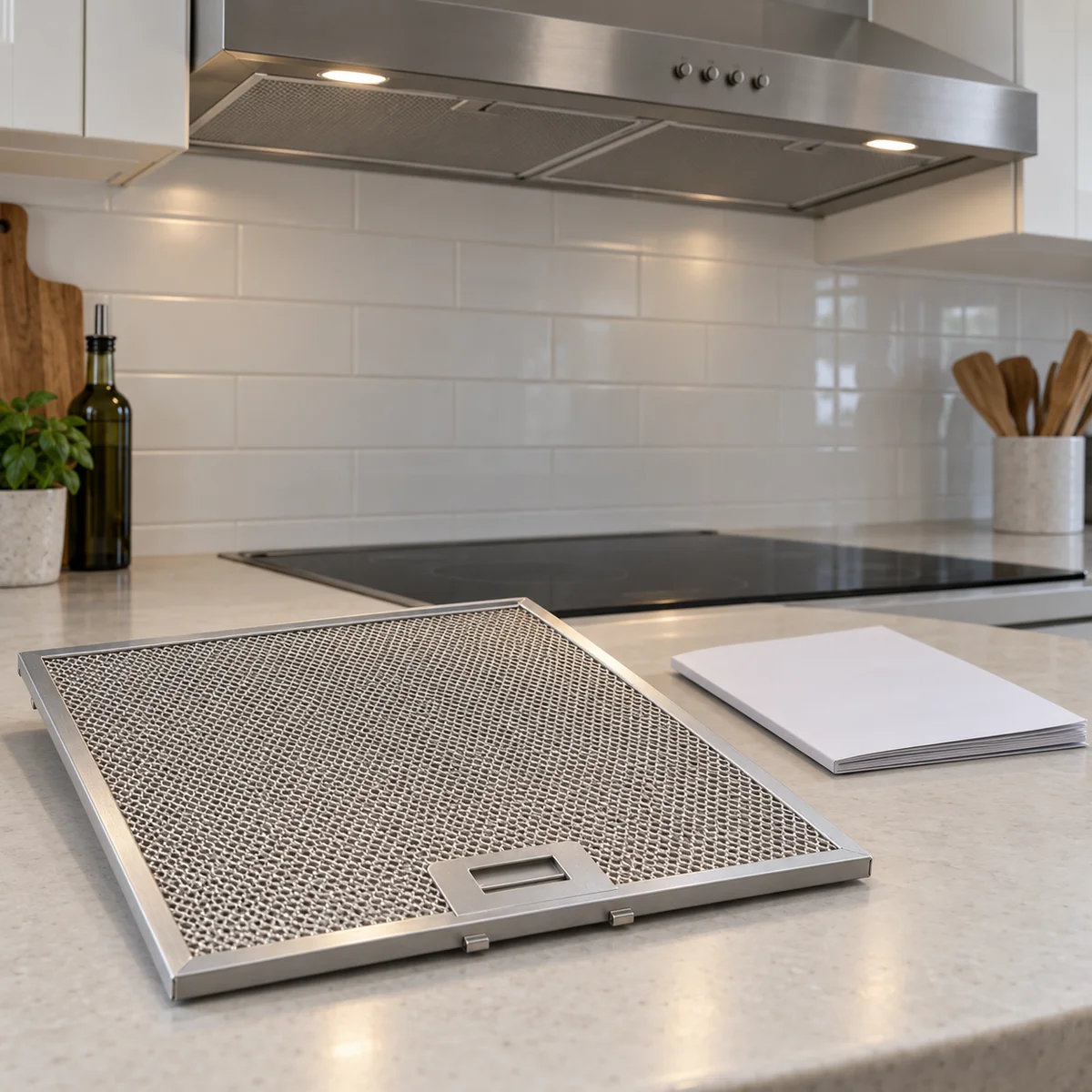 Removable metal mesh grease filter beside a range hood