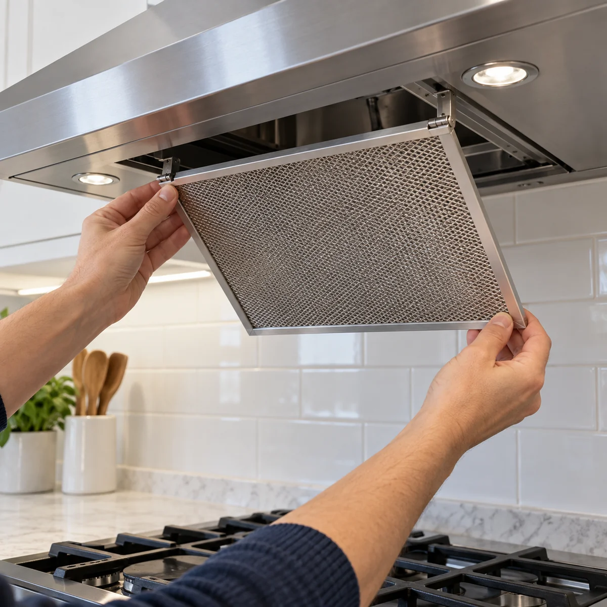 Metal grease filter being supported while its hood latch is released