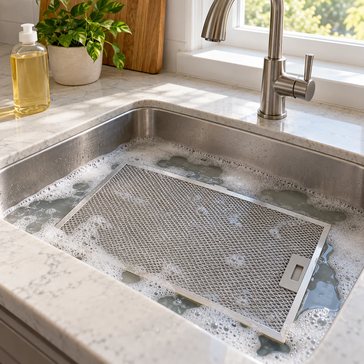Metal range hood grease filter soaking in a sink of warm soapy water