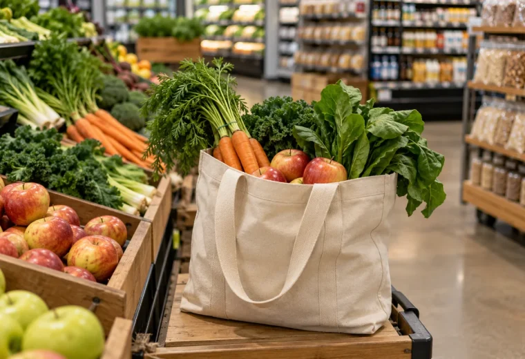 Reusable canvas grocery tote with loose produce in a supermarket