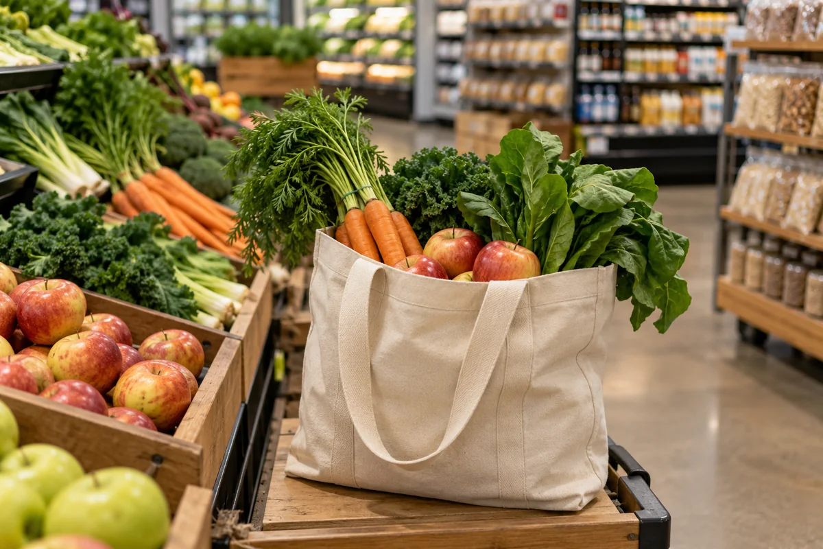 Reusable canvas grocery tote with loose produce in a supermarket