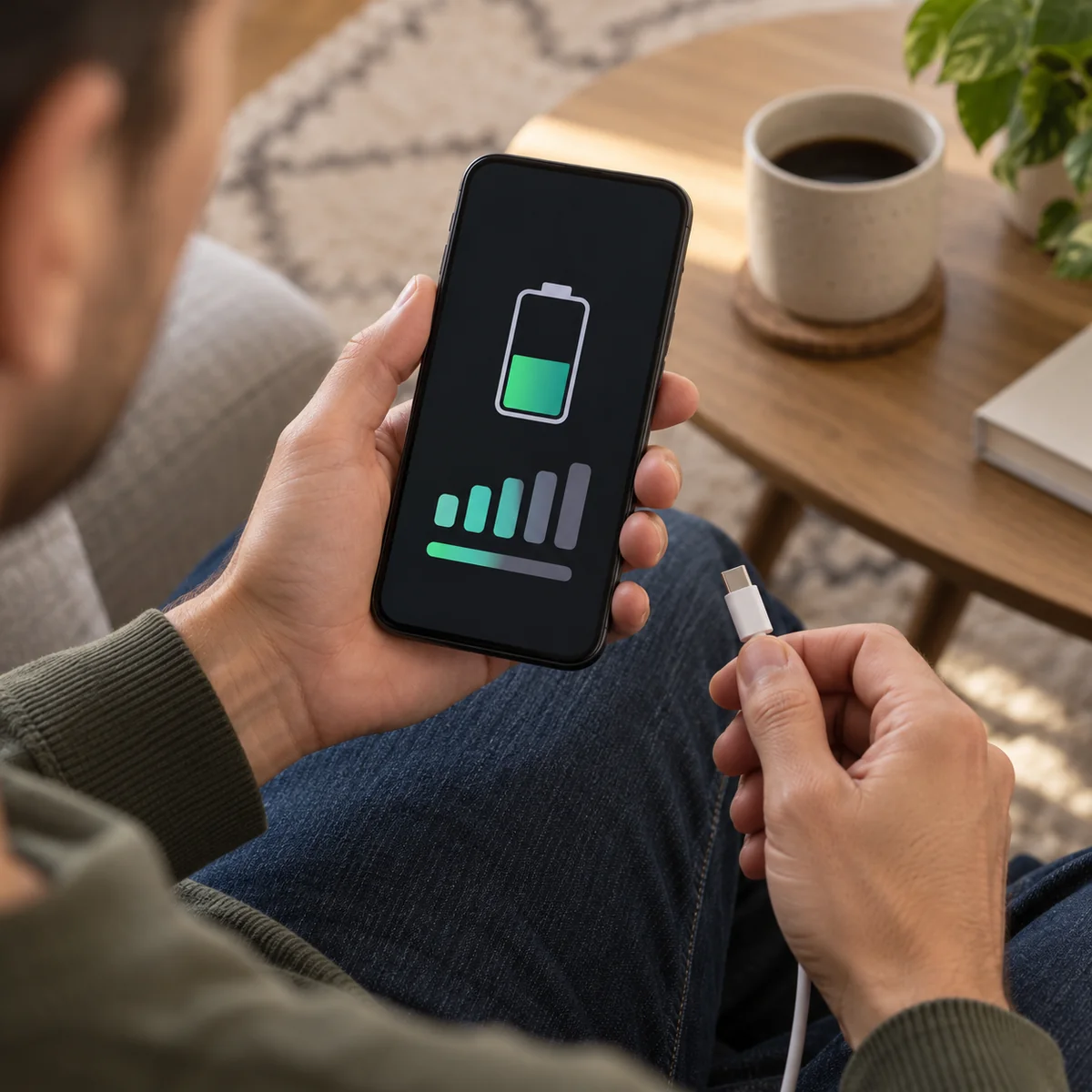 Buyer checking battery status on an unbranded refurbished smartphone