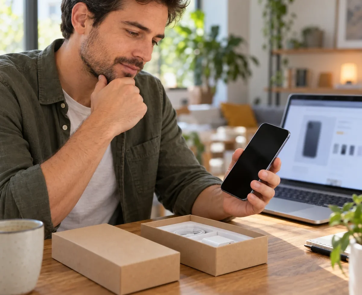 Shopper examining an unbranded refurbished phone at a desk