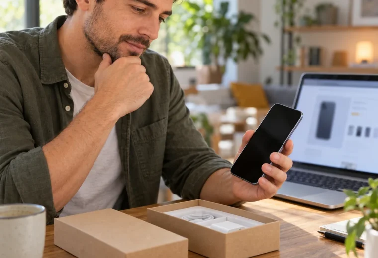 Shopper examining an unbranded refurbished phone at a desk