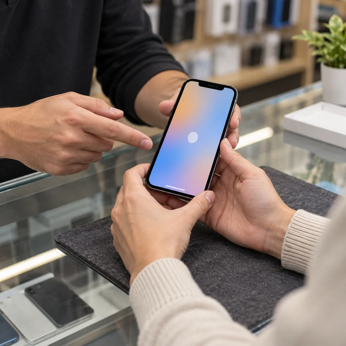 Buyer and seller checking that a used phone can start setup under a new owner