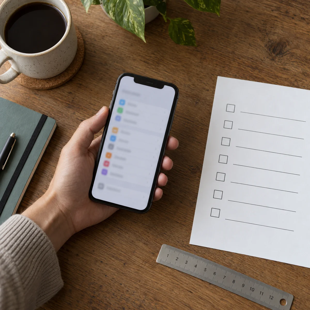 Shopper comparing an unbranded phone model with a short needs checklist