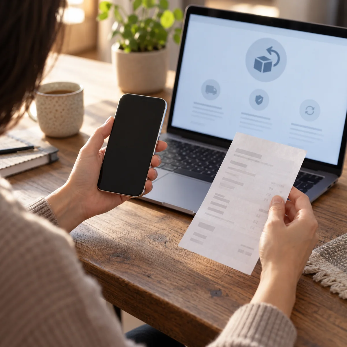 Shopper checking a refurbished phone listing, receipt, and return terms