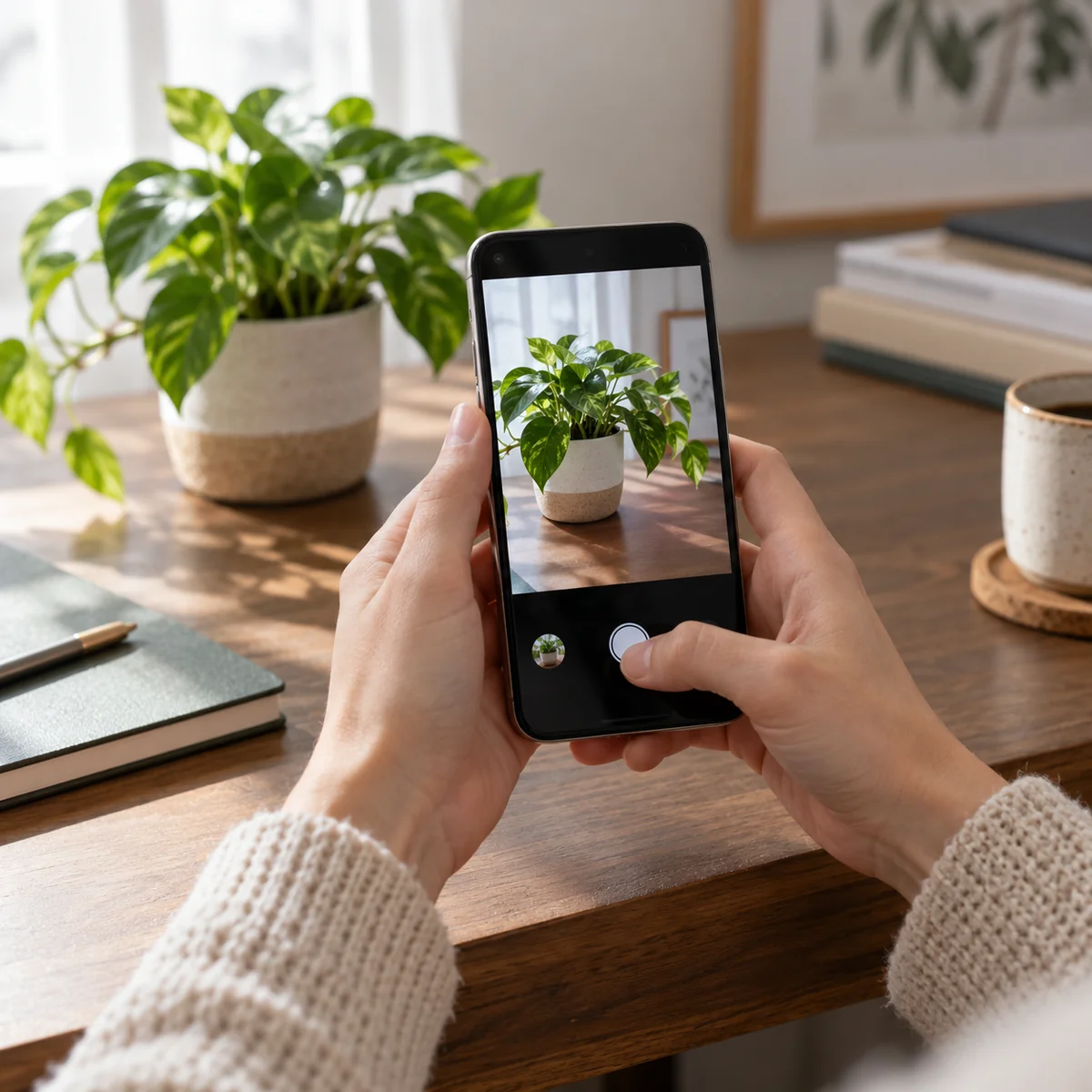 Buyer testing the camera on a refurbished smartphone