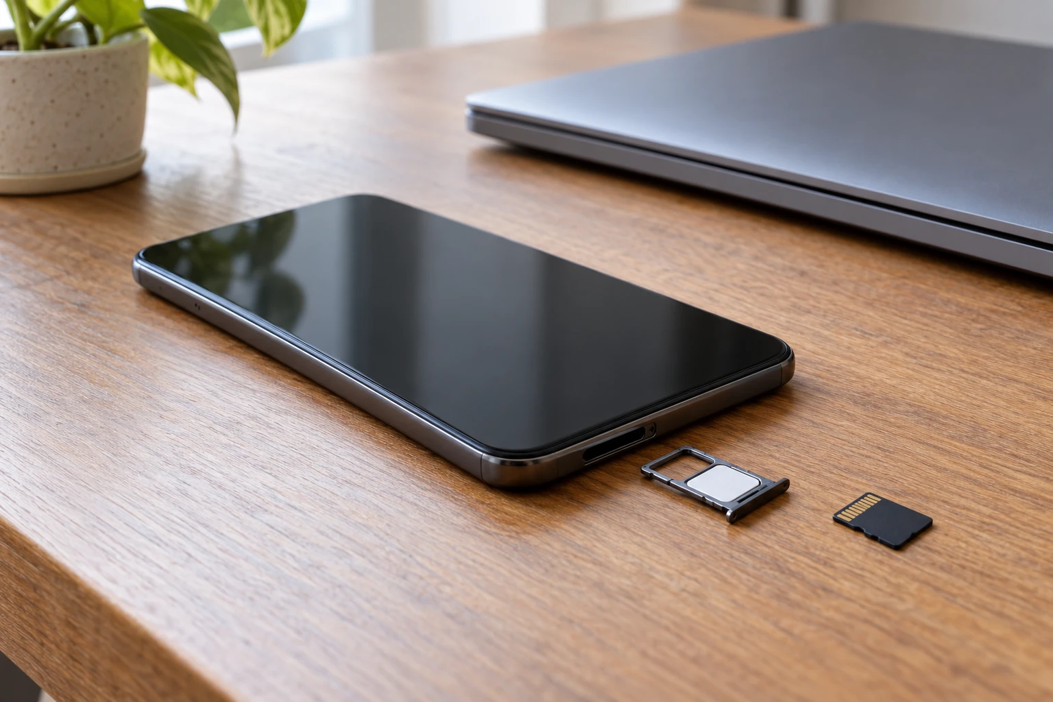 Powered-off phone with SIM tray and memory card removed beside a closed laptop