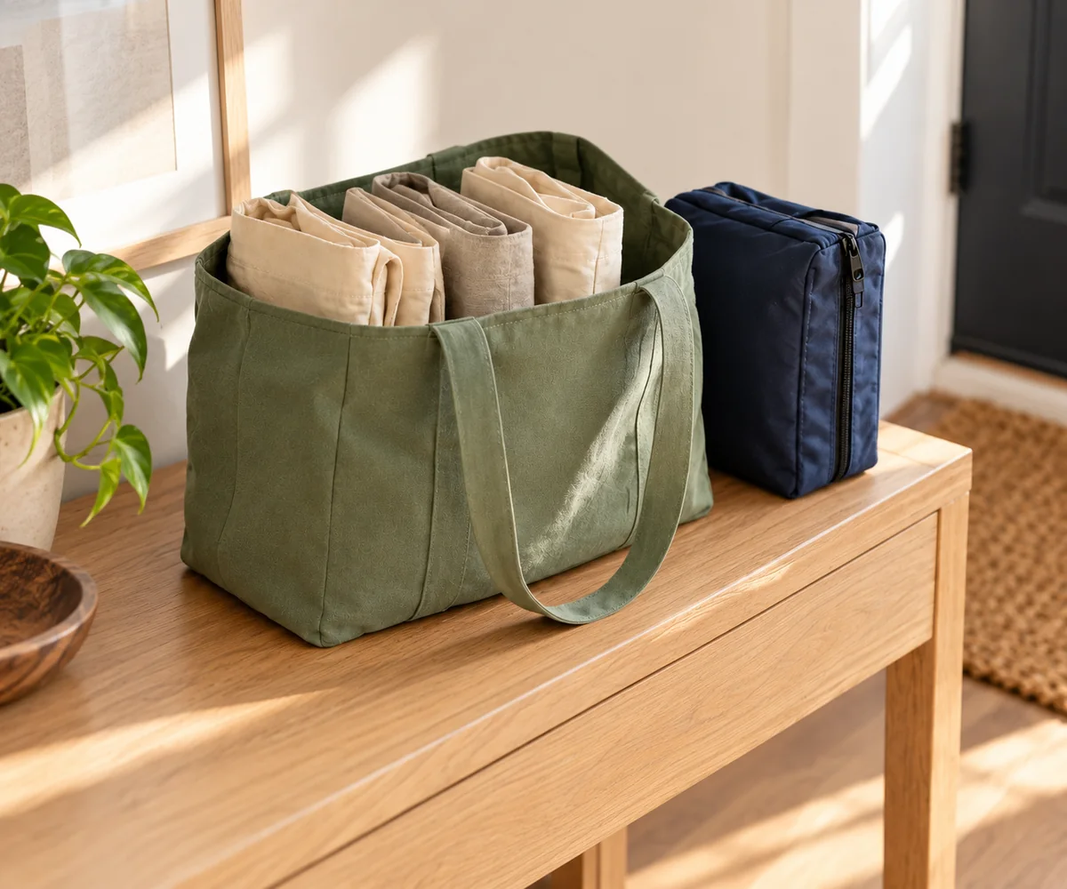Folded cotton grocery bags standing in a green carry tote beside an insulated bag
