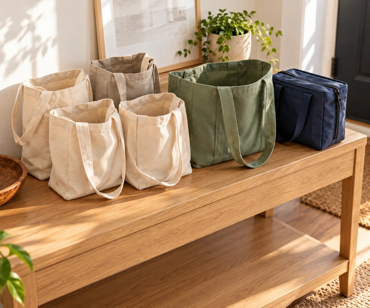 Reusable grocery totes and insulated bag laid out for sorting