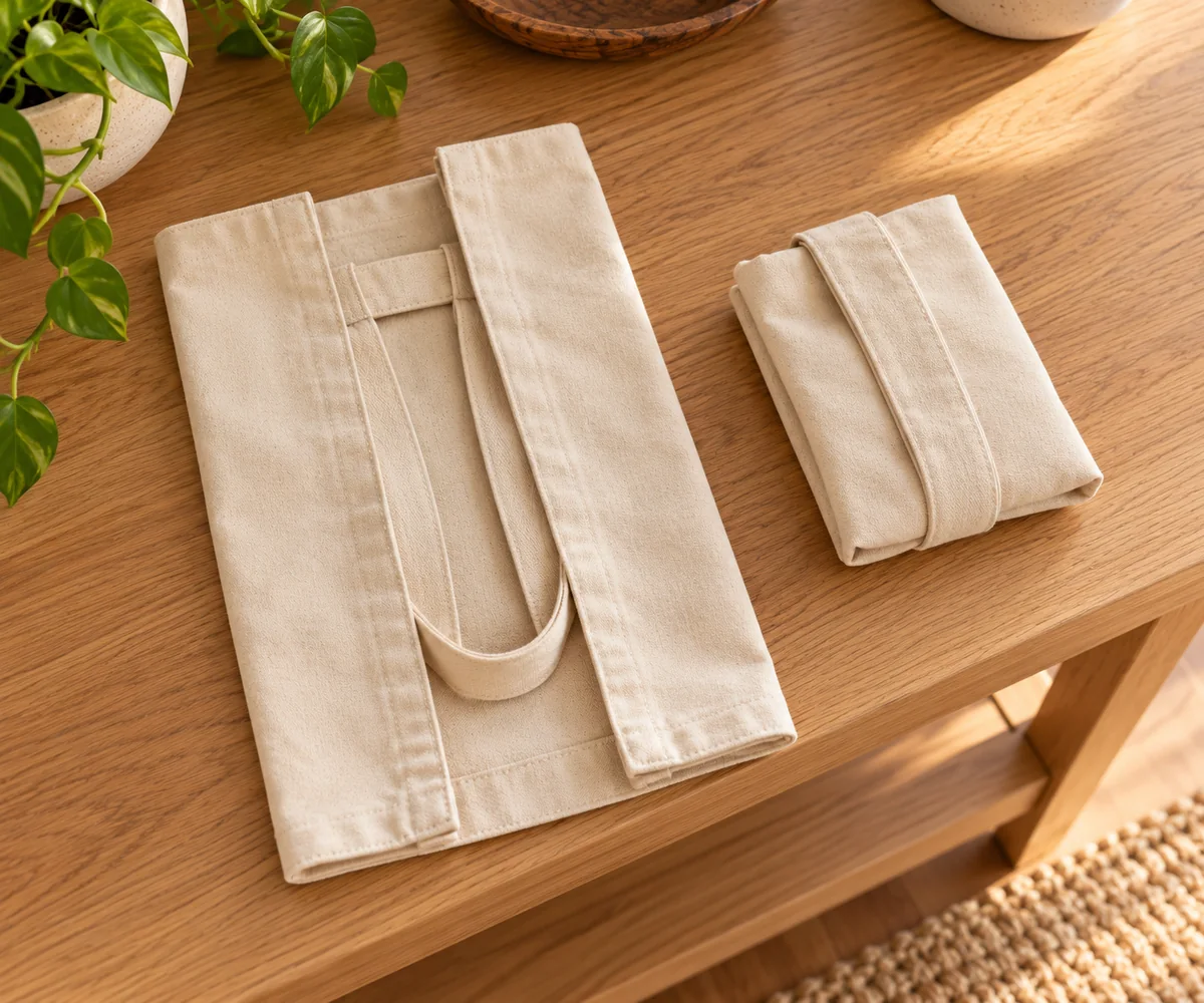 Cotton grocery tote folded into a compact rectangle beside a finished fold