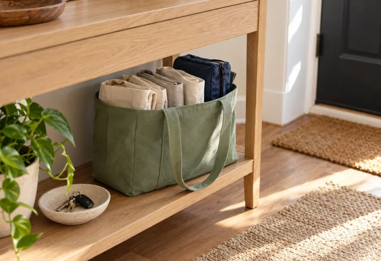 Reusable shopping bags organized in a canvas tote by the front door