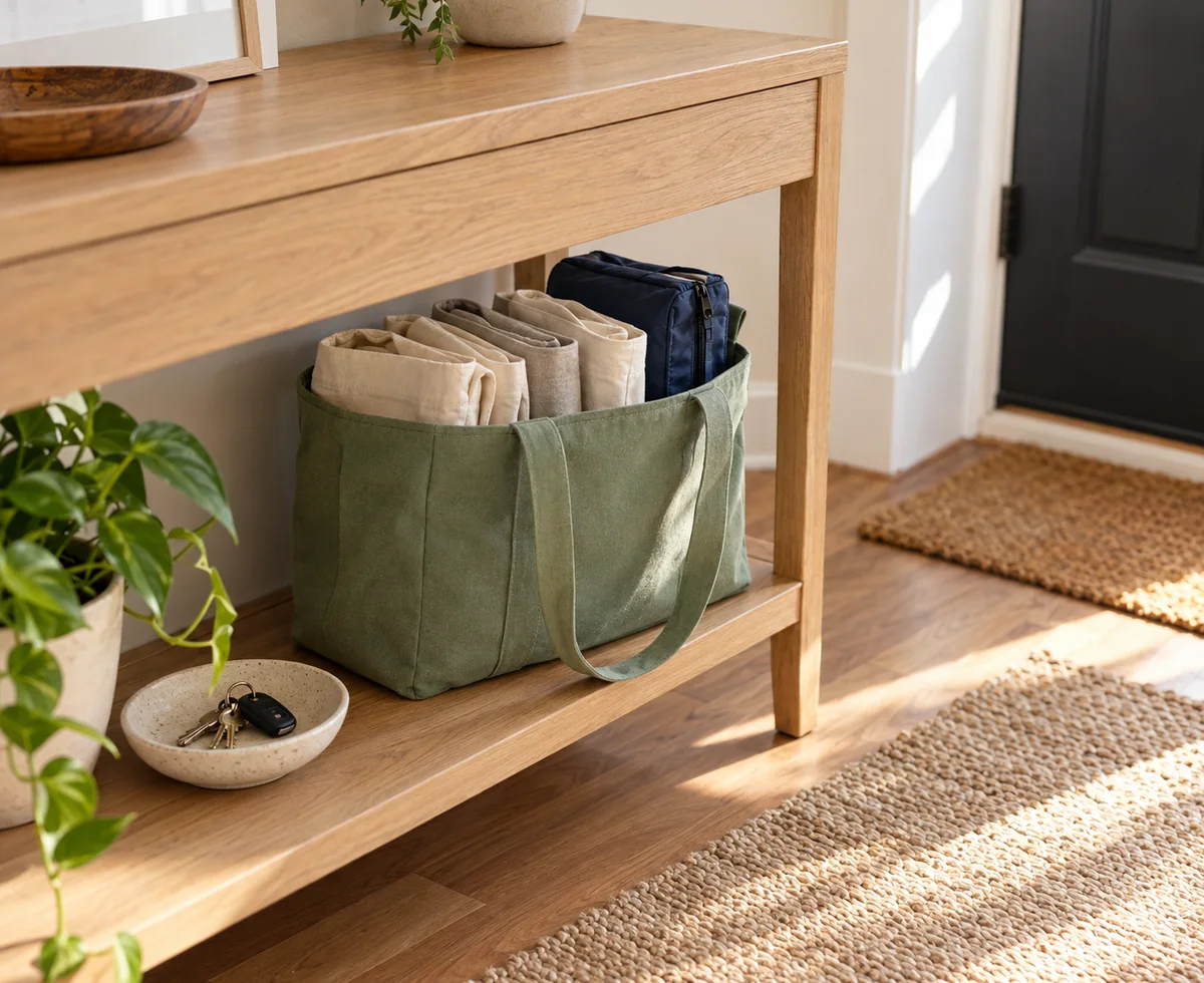 Reusable shopping bags organized in a canvas tote by the front door