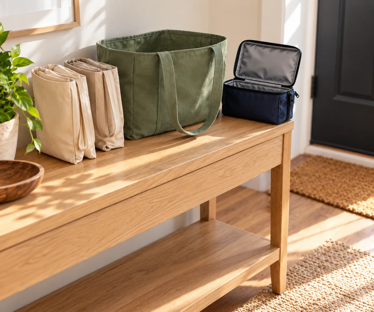 Clean folded grocery totes beside an open carry tote and drying insulated bag