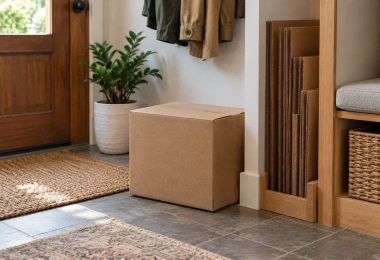 Sound shipping box on an entryway floor beside a small upright supply of flattened boxes