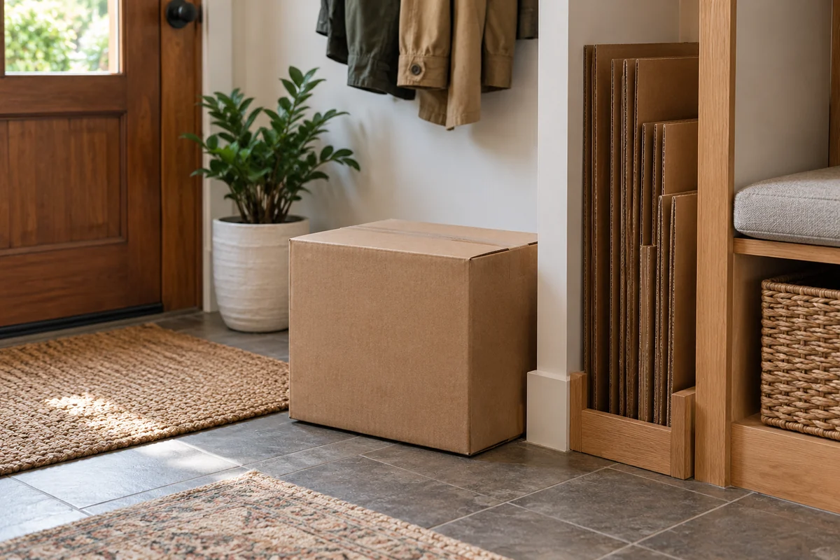 Sound shipping box on an entryway floor beside a small upright supply of flattened boxes