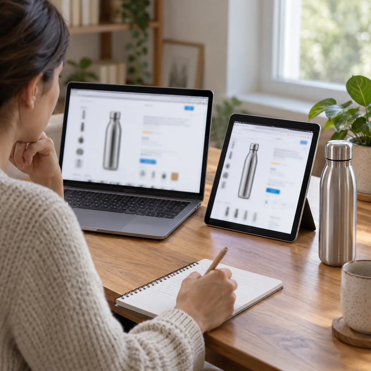 Shopper comparing the same product across listings while checking its model