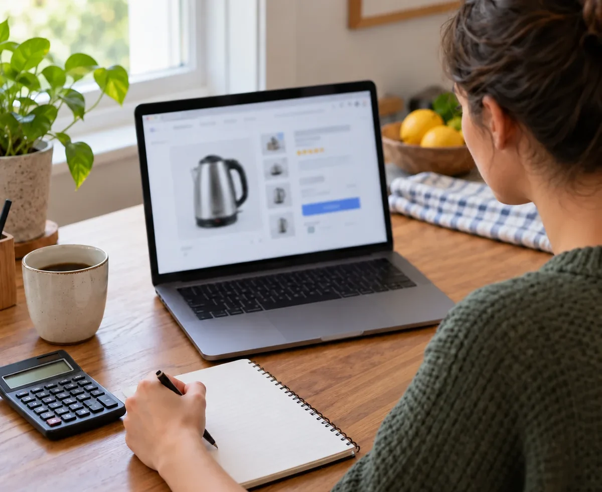 Shopper comparing an online sale listing with a notebook; one hand holds a pen