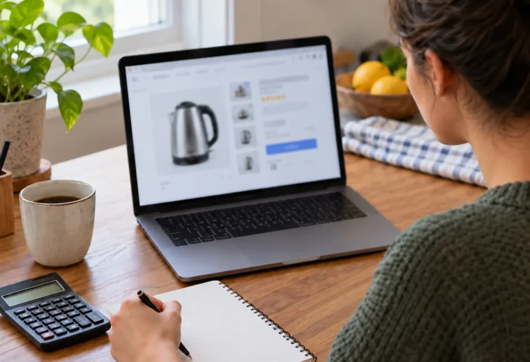 Shopper comparing an online sale listing with a notebook; one hand holds a pen