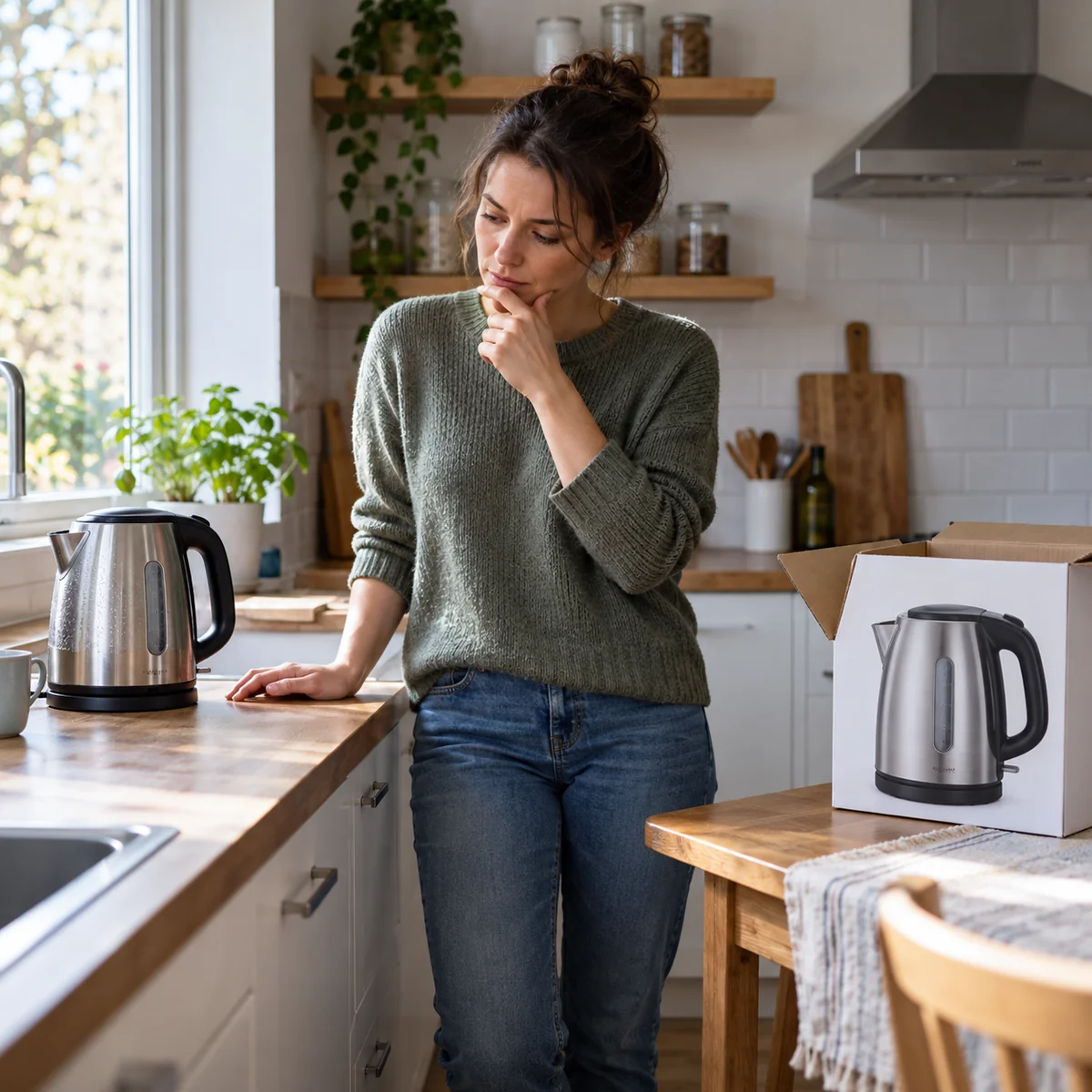 Shopper checking an existing household item before considering a sale purchase