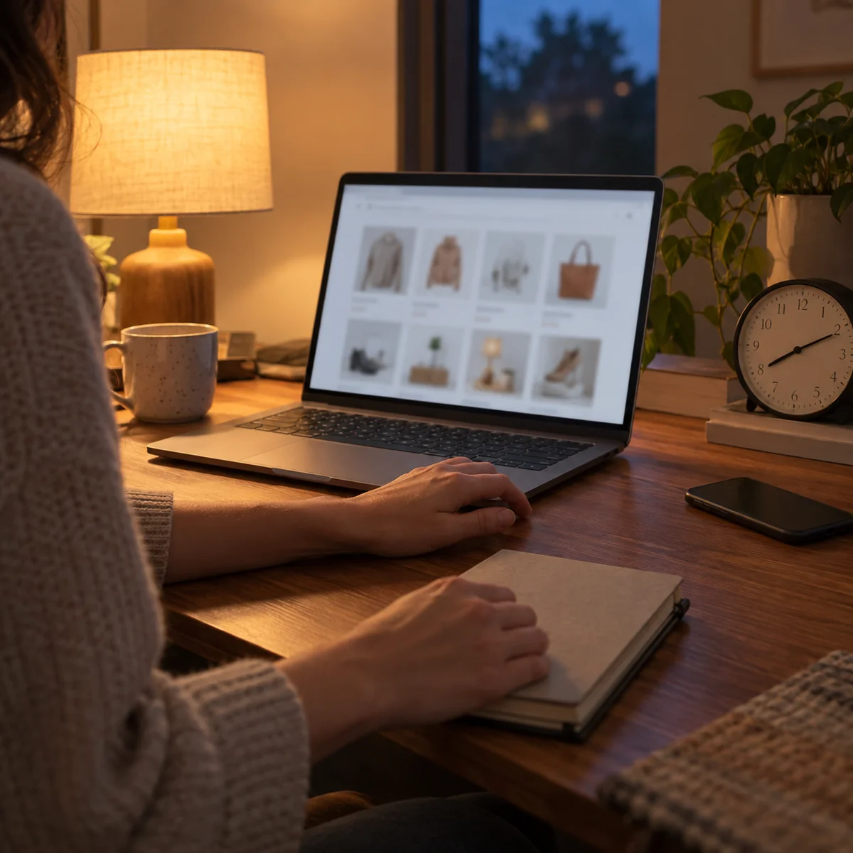 Shopper pausing at a desk before completing an online sale purchase