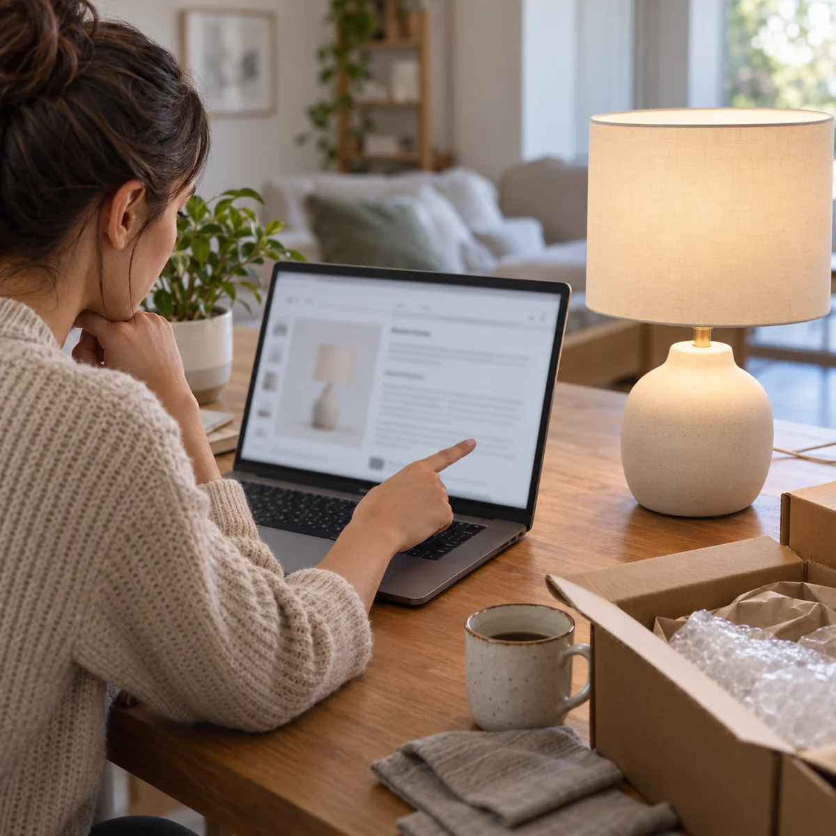 Shopper reviewing return terms before buying a household lamp