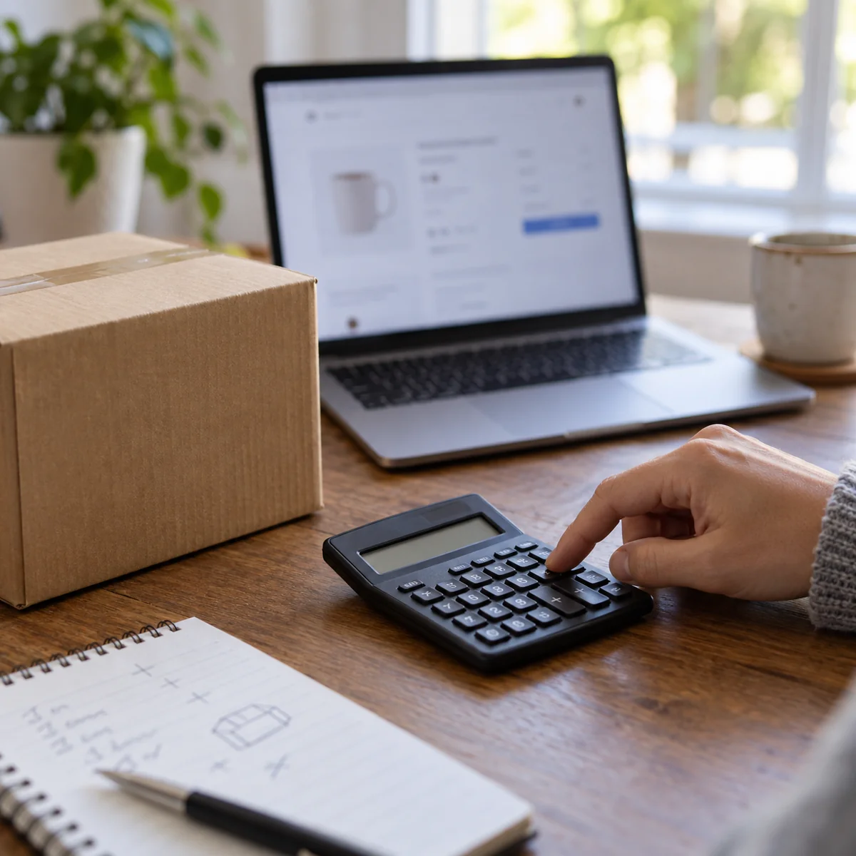 Shopper using a calculator beside a parcel and online checkout page